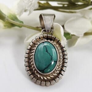 Turquoise Stamped Sterling Silver Navajo Pendant Necklace